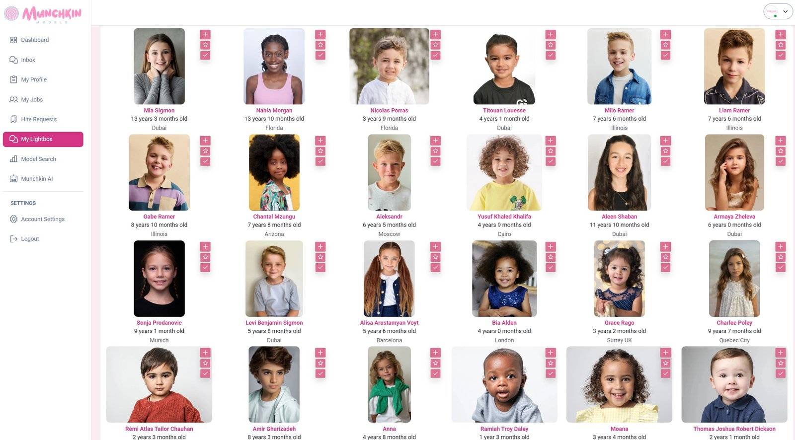 Child modelling agency casting platform lightbox workspace